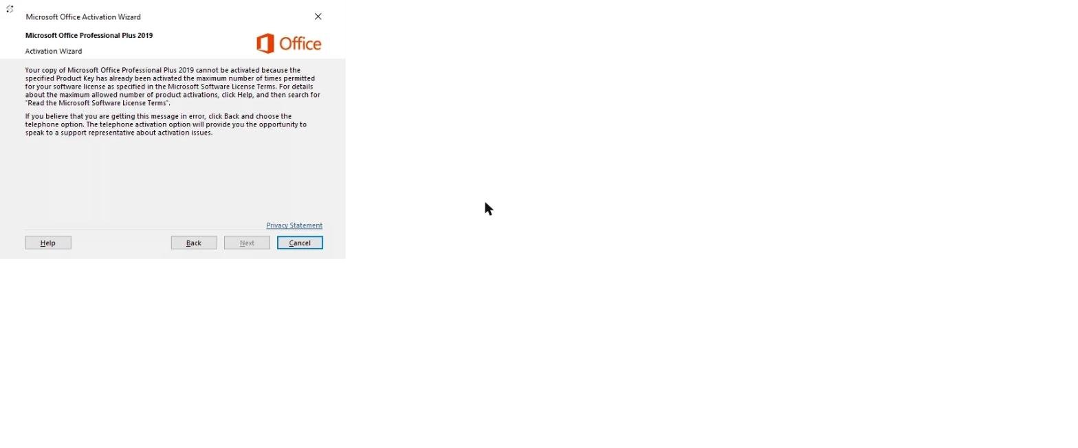Microsoft Office Activation Wizard showing the maximum activation attempts reached message.
